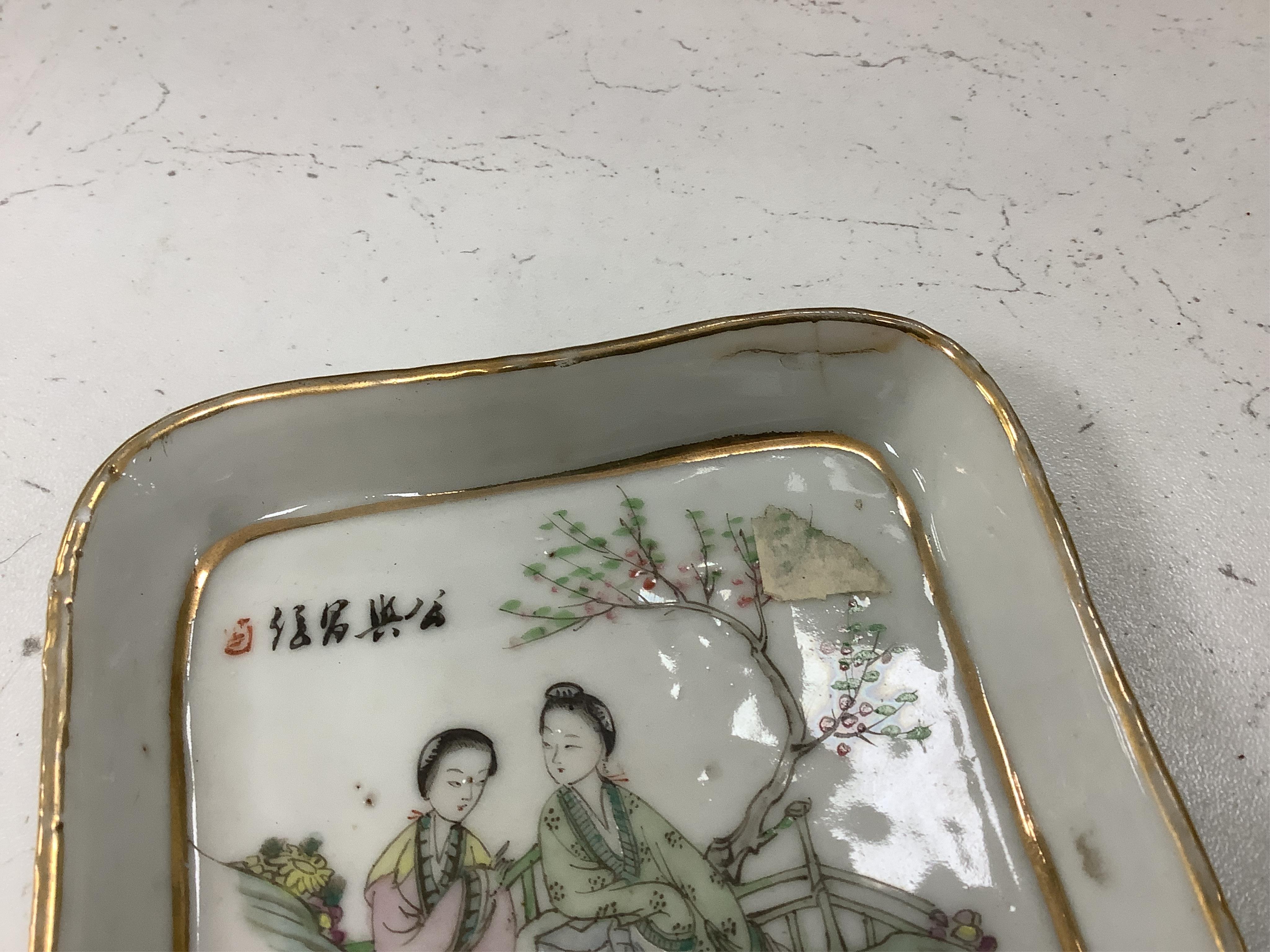 Chinese ceramics to include a teapot and a set of five dishes, 19th/20th century, largest 15cm wide. Condition - poor